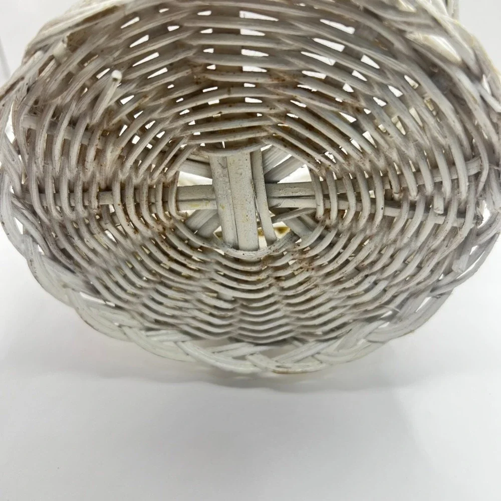 Vintage 80s White Wicker Basket with 3D Flowers Cottage Core 11x6